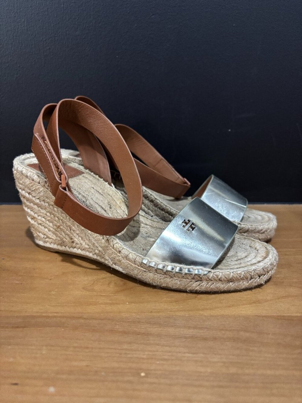 Tory Burch Silver Leather Toe and Brown Ankle-Strap Espadrille Wedges